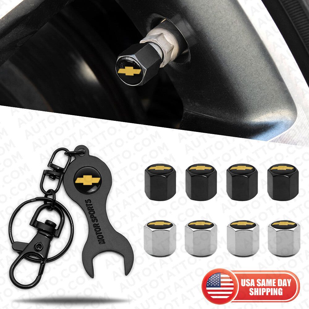 4pcs Hex Chevy Sport Car Tire Wheel Air Stem Dust Valve Caps Cover + Keychain