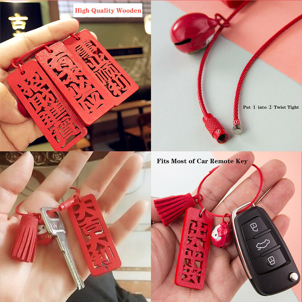 3D New Year Wooden Chinese Blessing Words Keychain Keyring with Lucky Cat Bell
