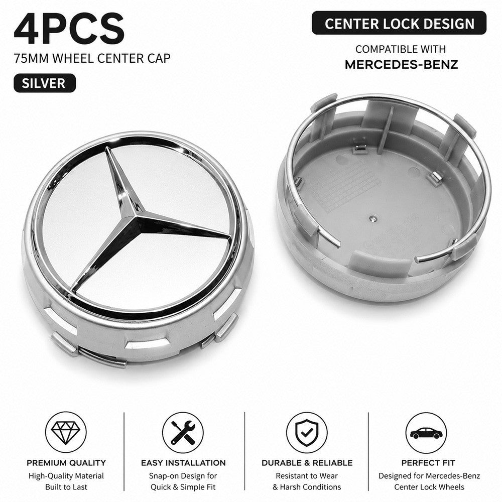 4x Mercedes Wheels Center Lock Design Cap Hub Star Cover Insert Sport AMG Silver