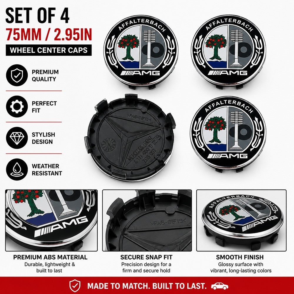 4 Wheel Center Caps AMG Affalterbach Emblem 75MM Mercedes Benz Rim
