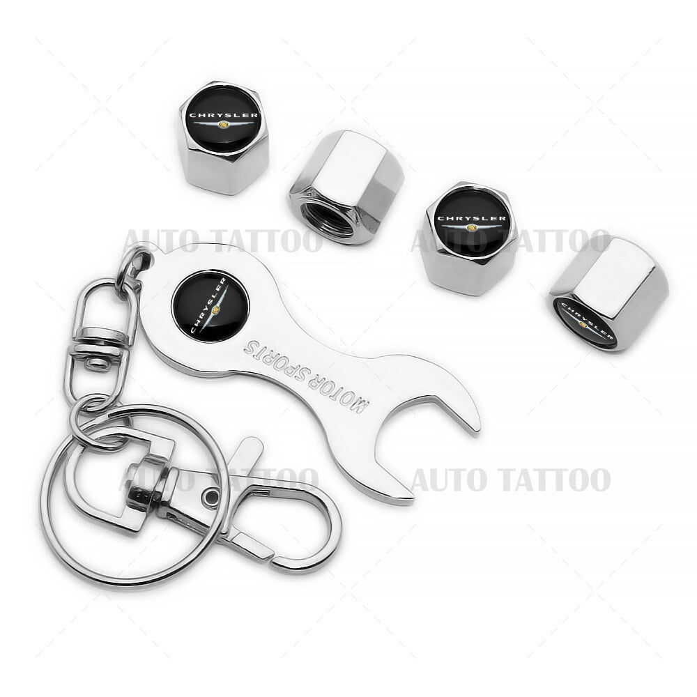 4pcs Hex Chrysler Tire Wheels Air Stem Dust Valve Cap Cover Keychain Ring Keychain