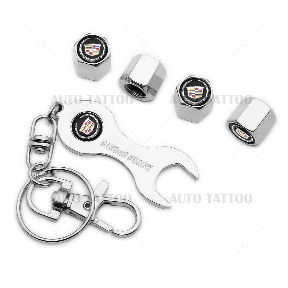 4x Hex Cadillac Car Tire Wheels Air Stem Dust Valve Cap Cover + Keychain Ring