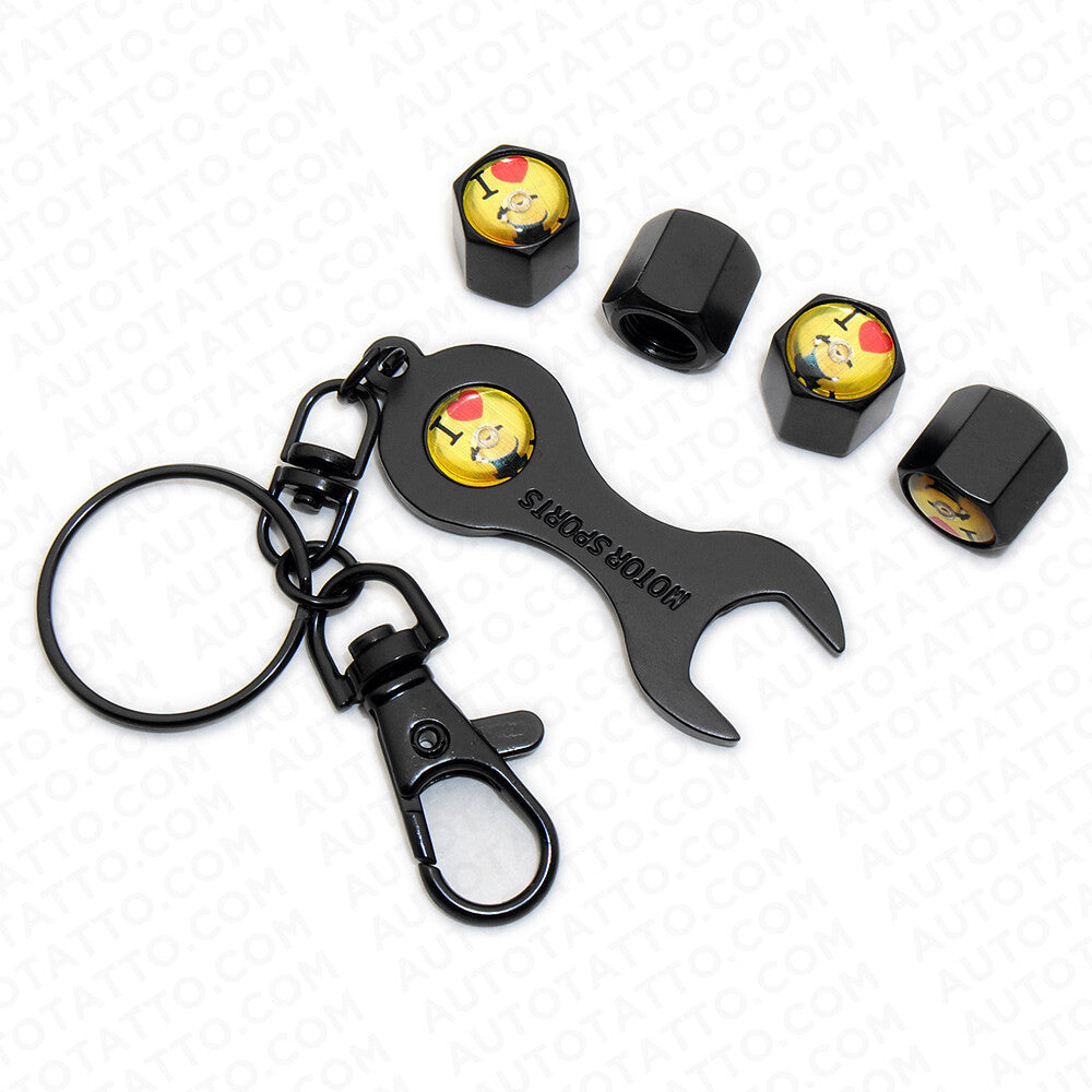 4x Hex Minions Sport Car Tire Wheel Air Stem Dust Valve Caps Cover + Keychain