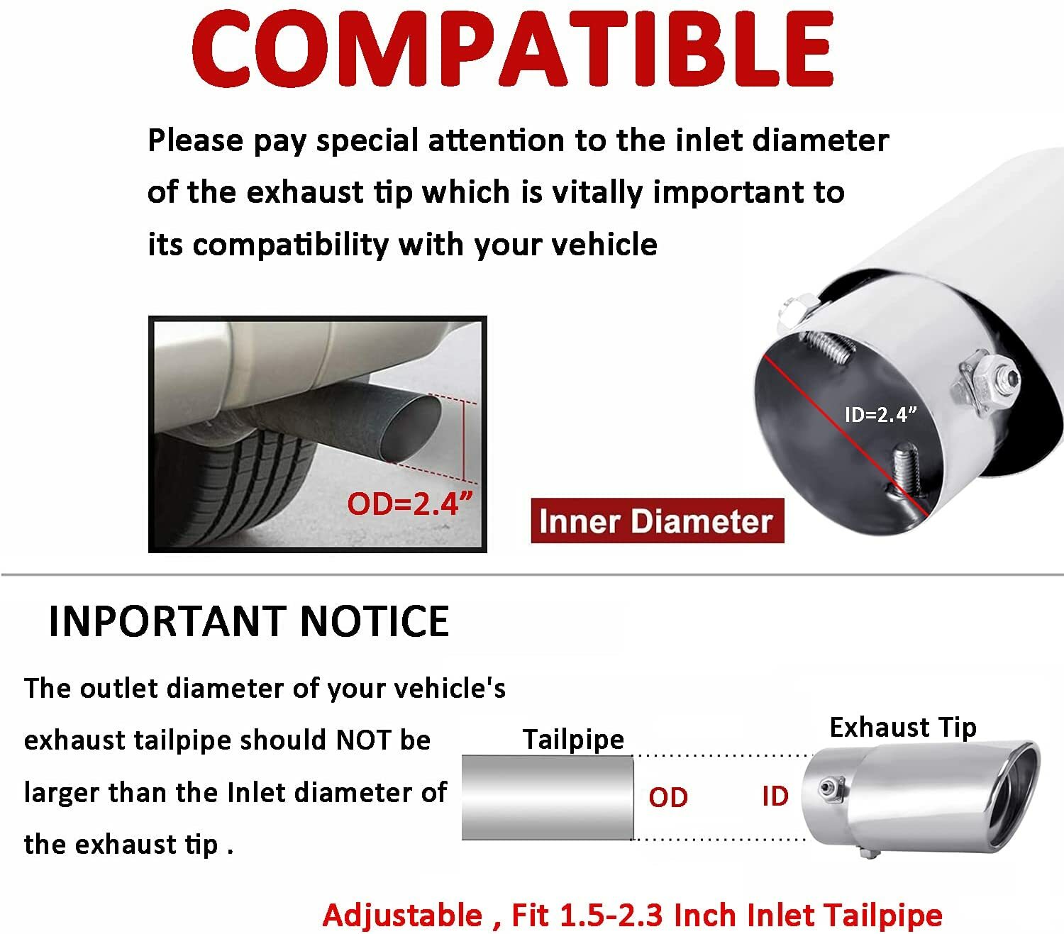Universal Car Exhaust Pipe Tip Rear Tail Muffler Stainless Chrome 1.5" - 2.25"
