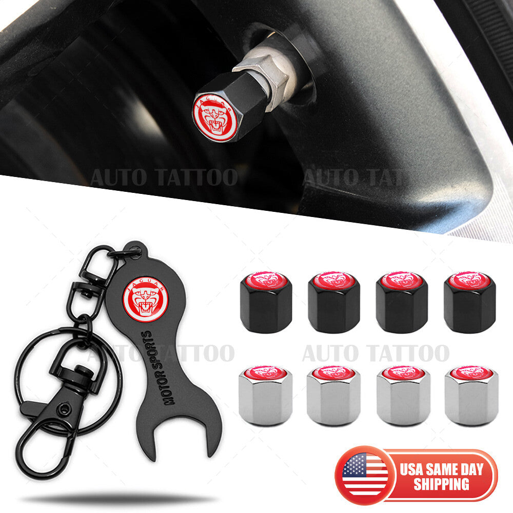 4x Hex Jaguar Car Tire Wheels Air Stem Dust Valve Cap Cover + Keychain Ring - Red