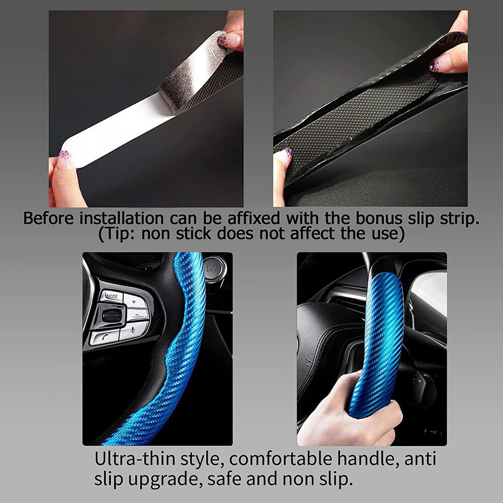 Universal Blue Carbon Fiber Car Steering Wheel Cover Non Slip Protector Decorate