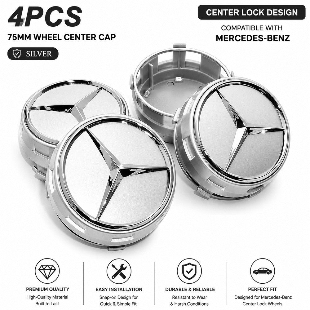 4x Mercedes Wheels Center Lock Design Cap Hub Star Cover Insert Sport AMG Silver