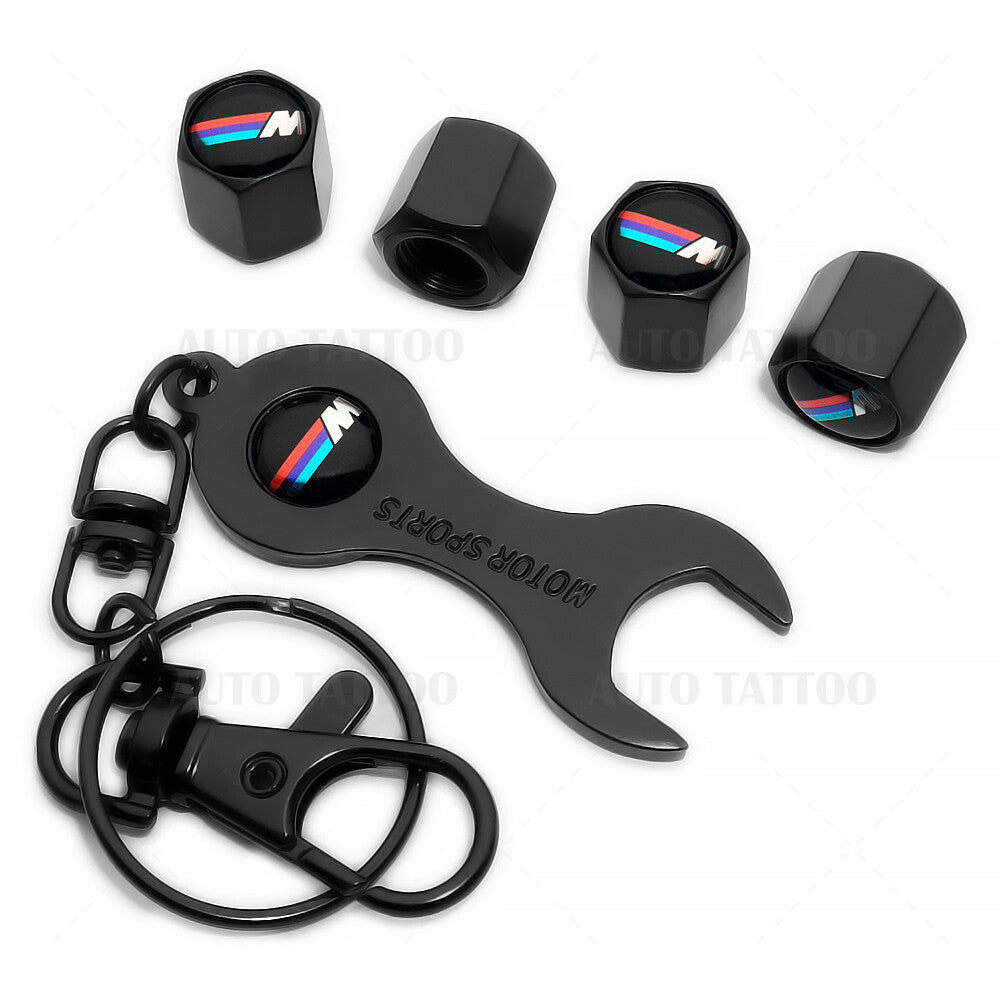 4pcs Hex M Power Sport Car Tire Wheels Air Stem Dust Valve Cap Cover + Keychain