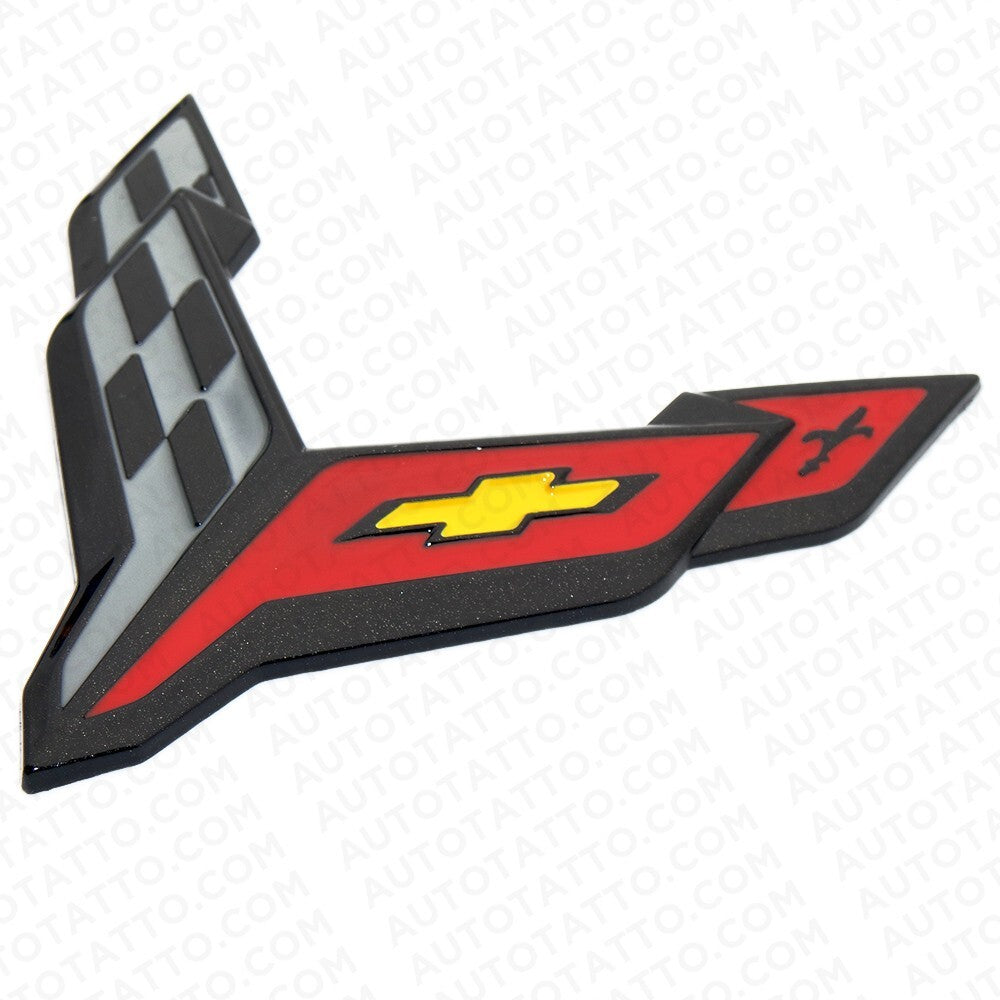 20-24 Chevrolet C8 Corvette Front Bumper Crossed Flags Logo Emblem Gloss Black