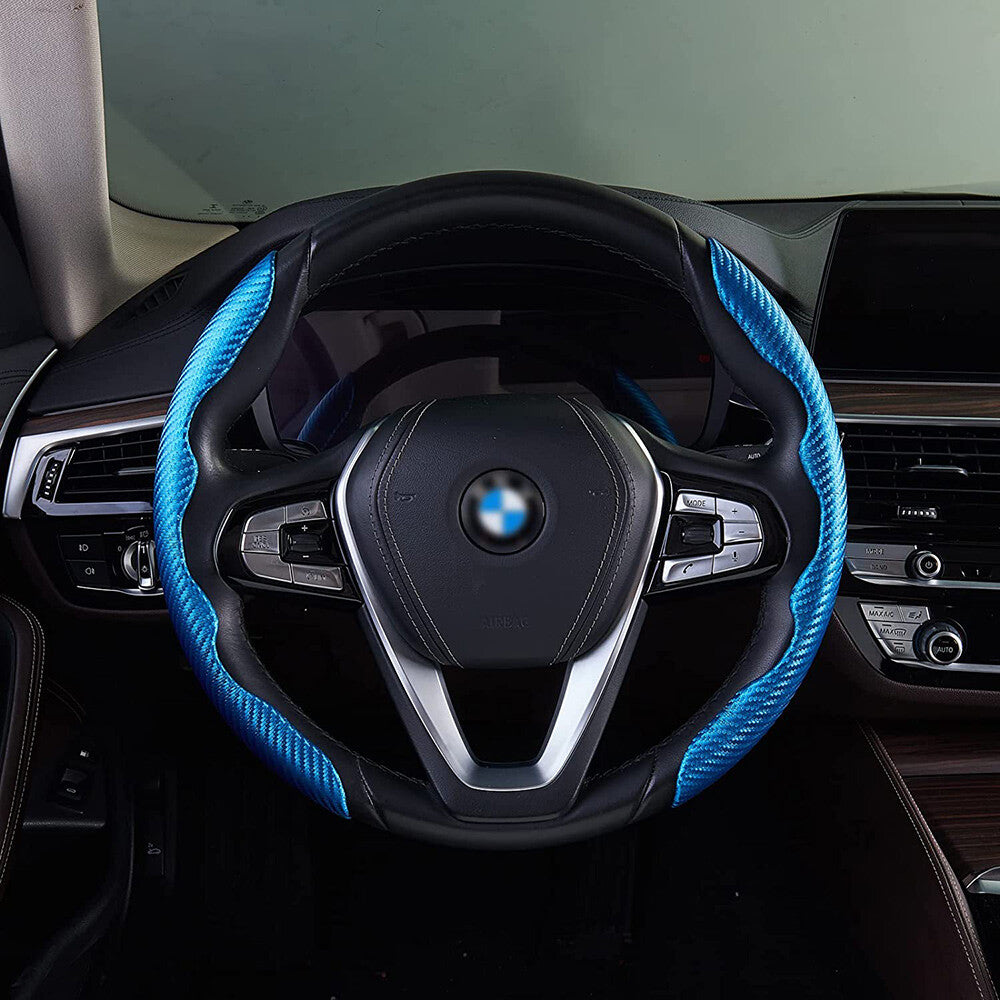 Universal Blue Carbon Fiber Car Steering Wheel Cover Non Slip Protector Decorate