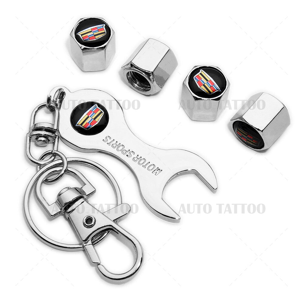 4x Hex New Cadillac Car Tire Wheel Air Stem Dust Valve Cap Cover + Keychain Gift