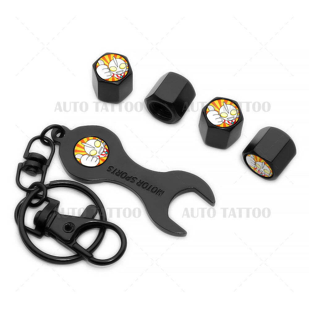 4x Universal Ultraman Car Tire Wheels Air Stem Dust Valve Caps Cover + Keychain