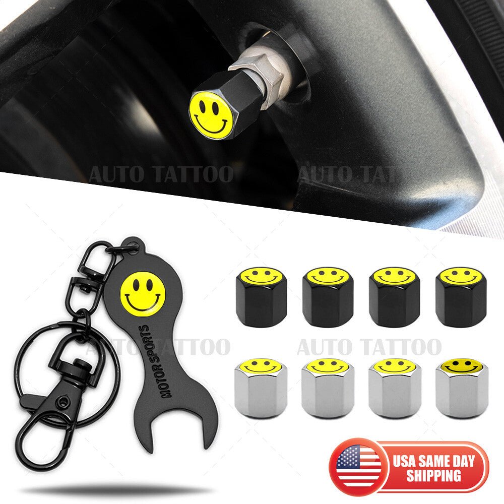 4x Universal Cute Smile Car Tire Wheel Air Stem Dust Valve Caps Cover + Keychain