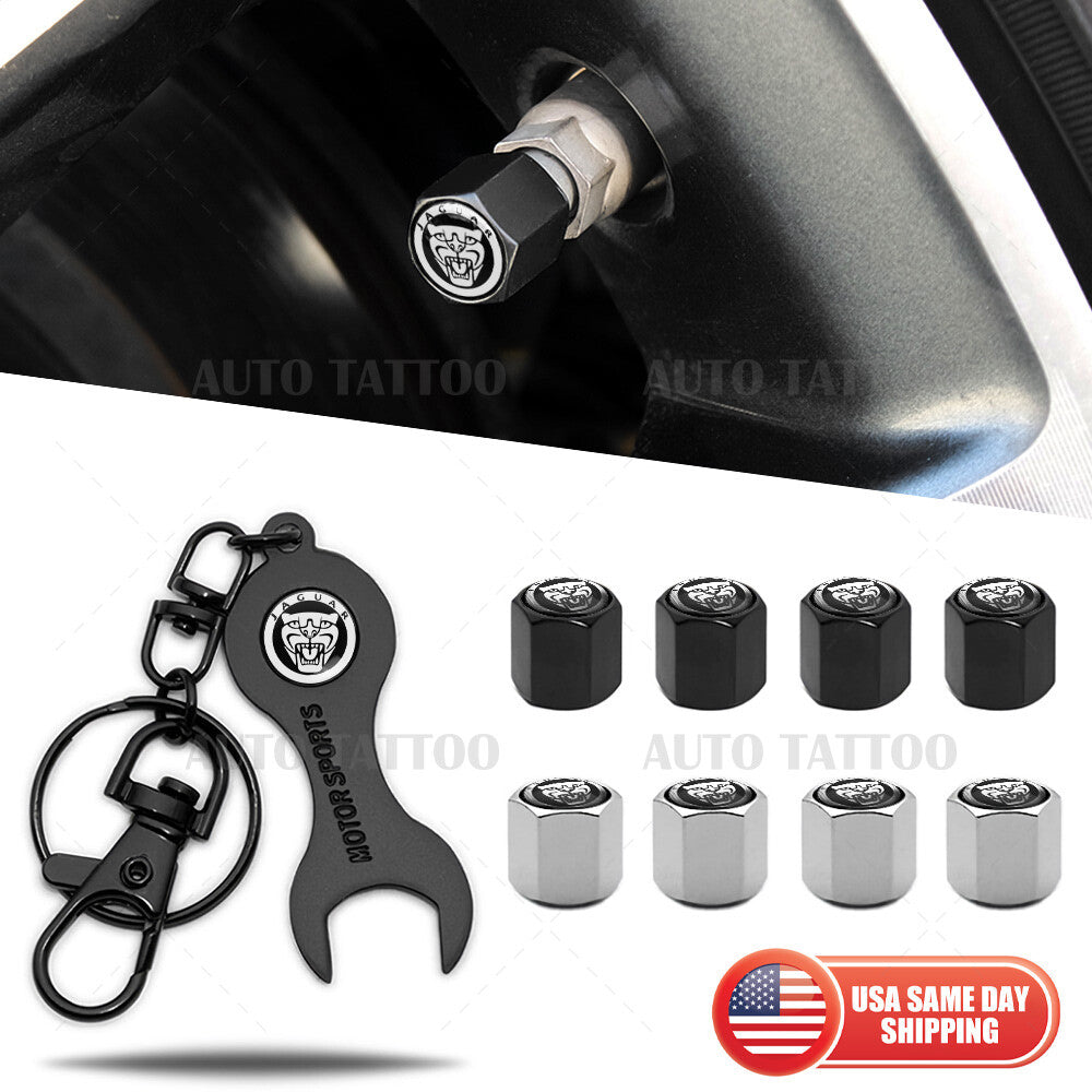 4pcs Hex Jaguar Car Tire Wheels Air Stem Dust Valve Cap Cover + Keychain Ring