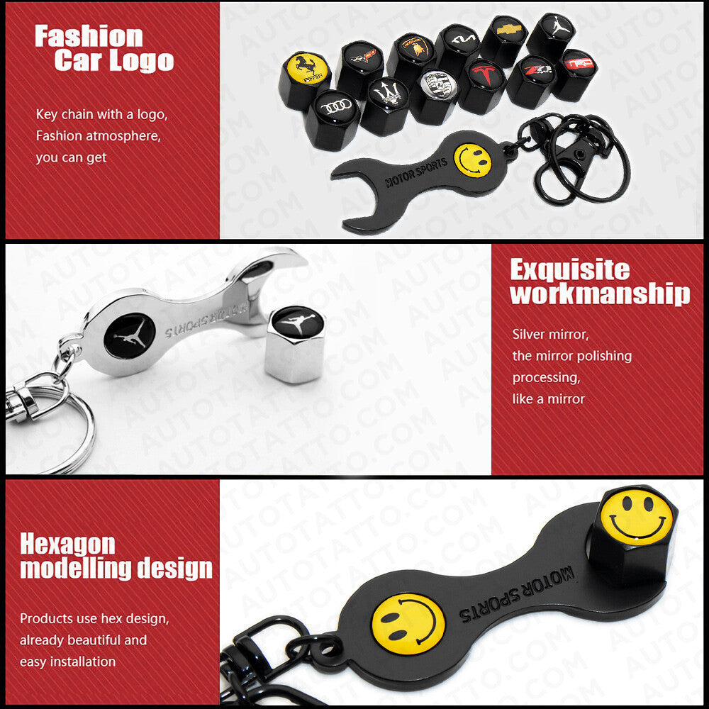 4pcs Hex Land Rover Car Tire Wheels Air Stem Dust Valve Cap Cover + Keychain