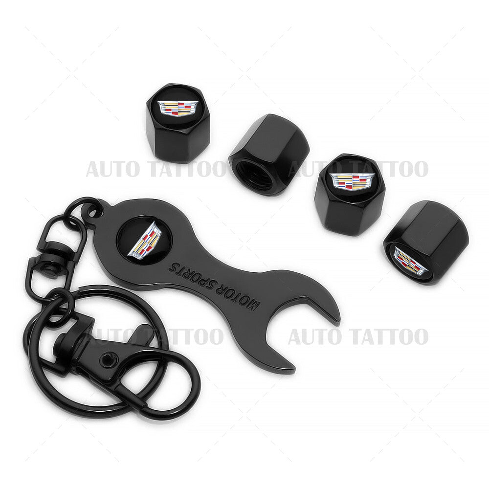 4x Hex New Cadillac Car Tire Wheel Air Stem Dust Valve Cap Cover + Keychain Gift