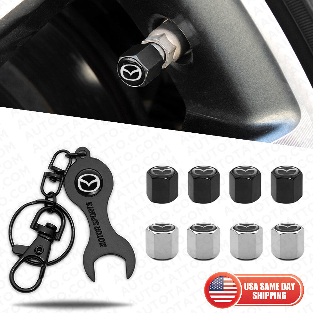 4pcs Hex Mazda Car Tire Wheel Air Stem Dust Valve Caps Cover + Wrench Keychain