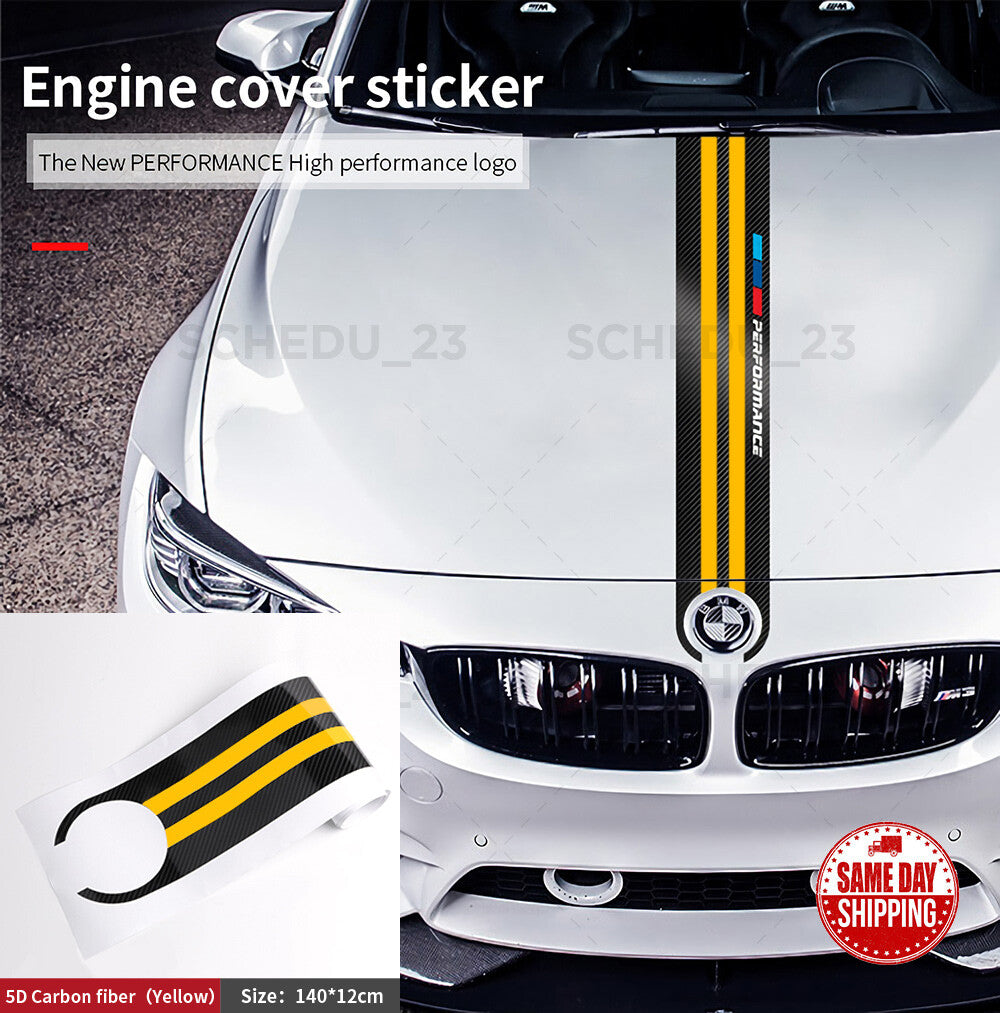 Yellow Carbon Fiber 5D Car Hood Sticker Stripe Decal For BMW Performance Sport