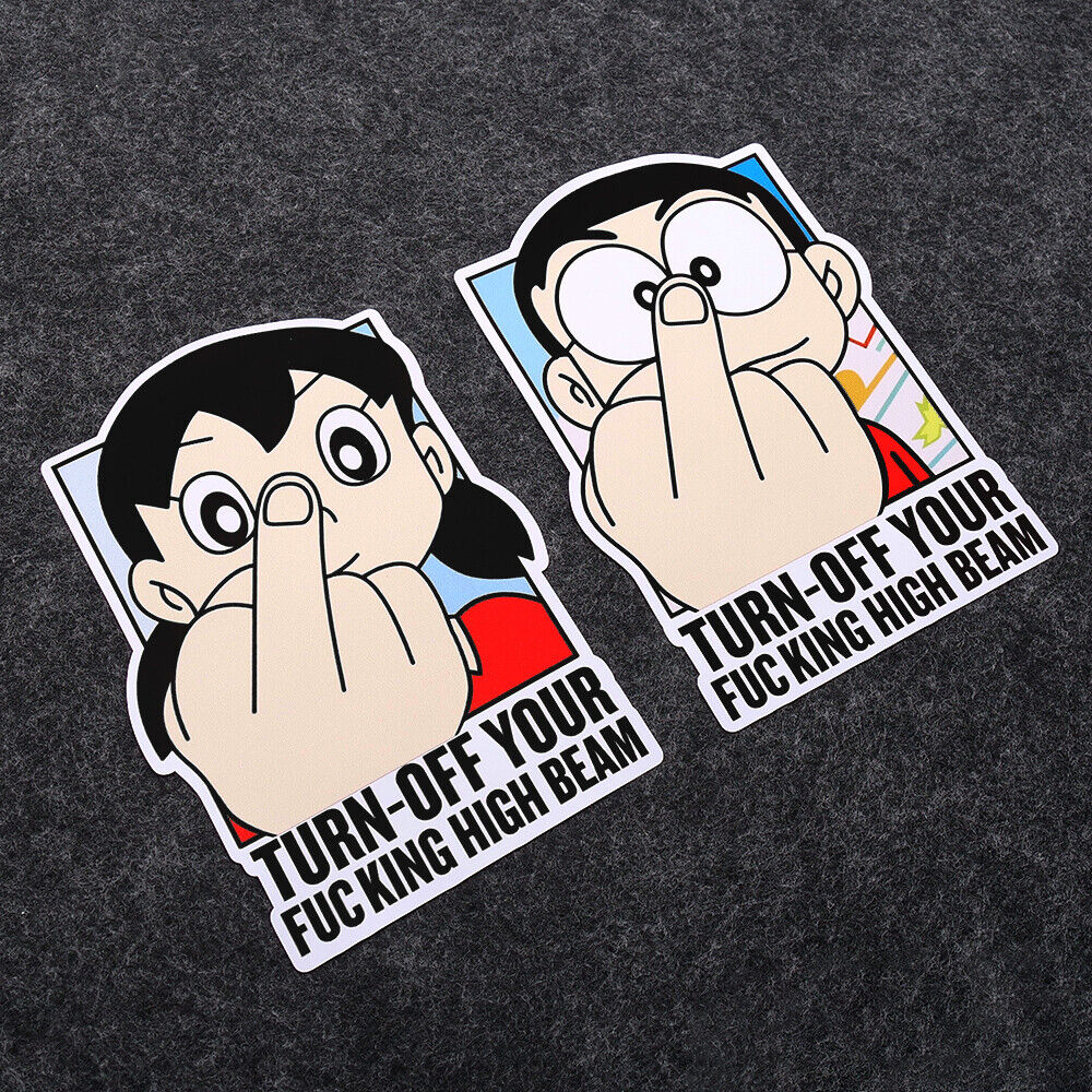 Set 2pcs Doraemon Turn Off High Beam Funny Cute Sticker Car SUV Decoration Decal