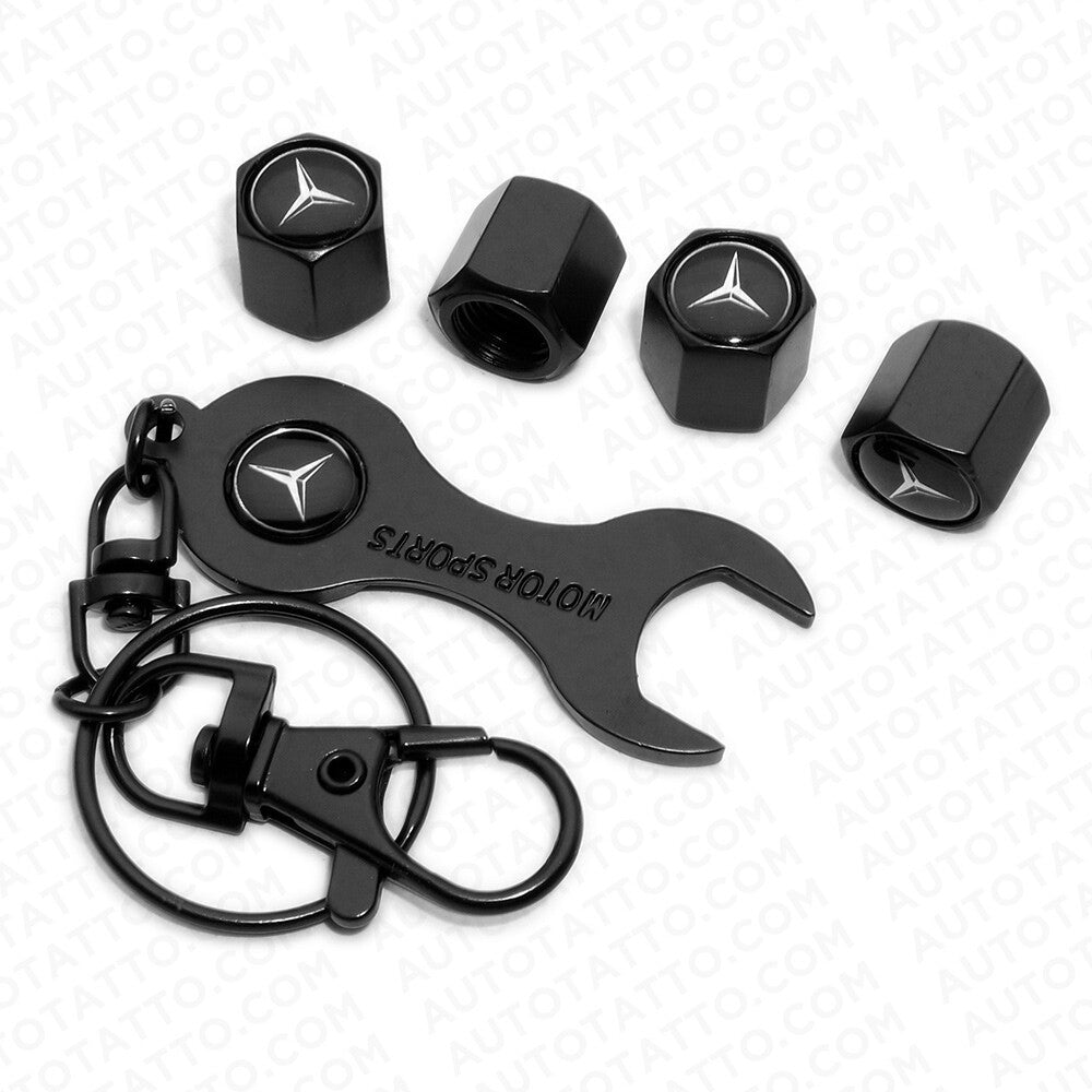 4pcs Hex Mercedes Car Tire Wheel Air Stem Dust Valve Caps Cover Wrench Keychain