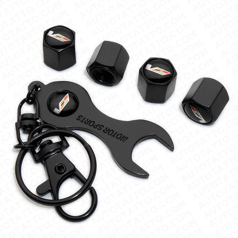 4x Hex Cadillac V-Series Car Tire Wheel Air Stem Dust Valve Cap Cover + Keychain