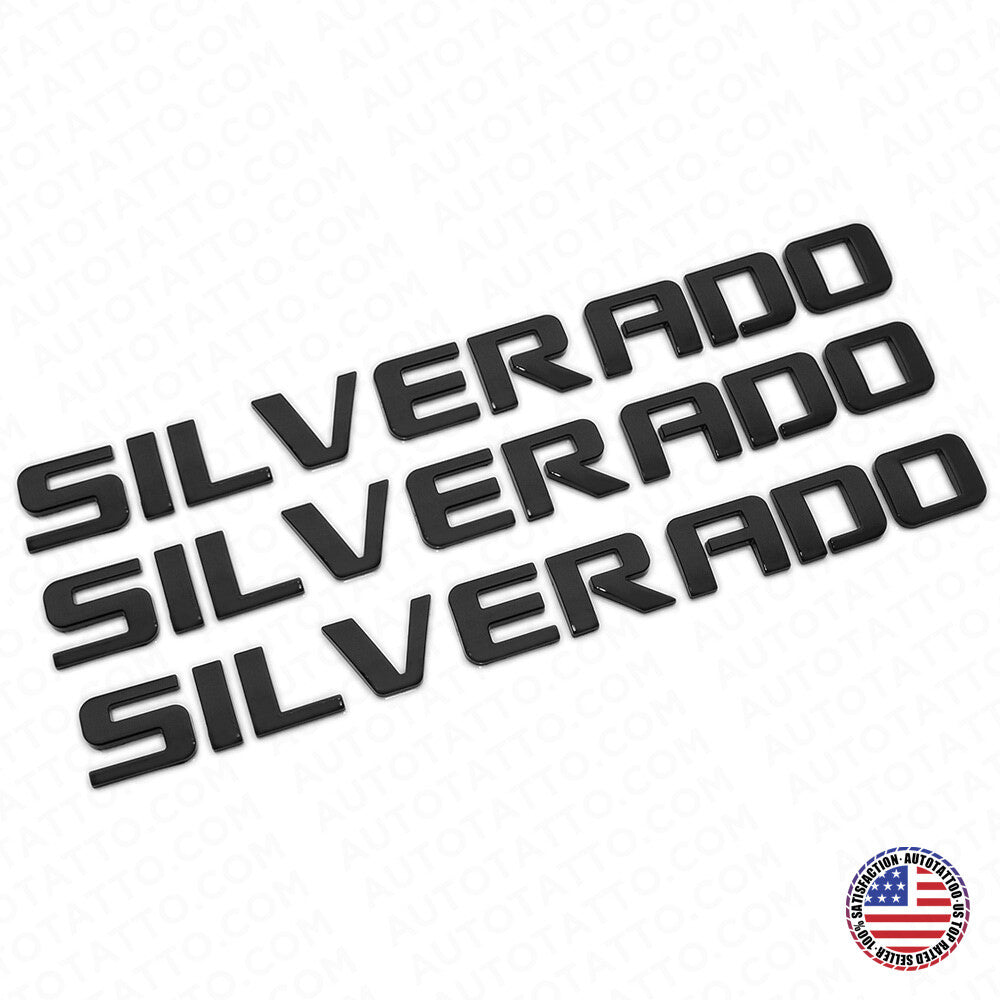 3x Chevy Silverado Fender Tailgate Logo Nameplates Letter 3D Emblem Gloss Black