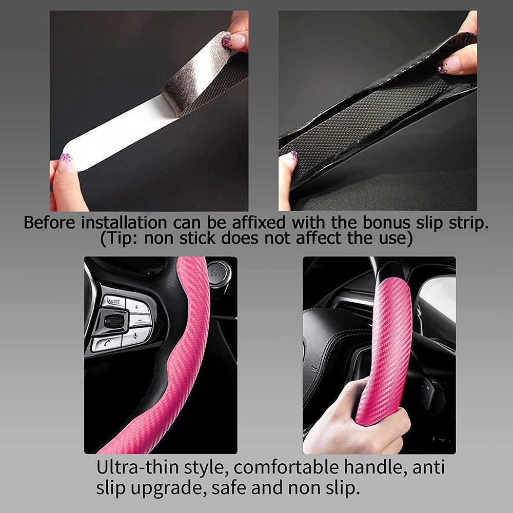 Universal Pink Carbon Fiber Car Steering Wheel Cover Non Slip Protector Decorate