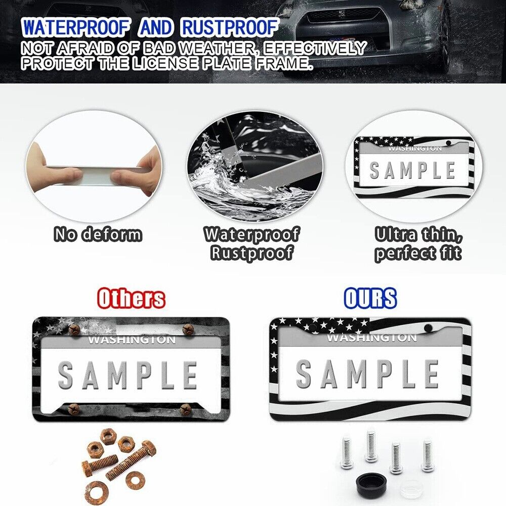 2pcs Black Stainless Steel USA American Nations Flag Car License Plate Frame