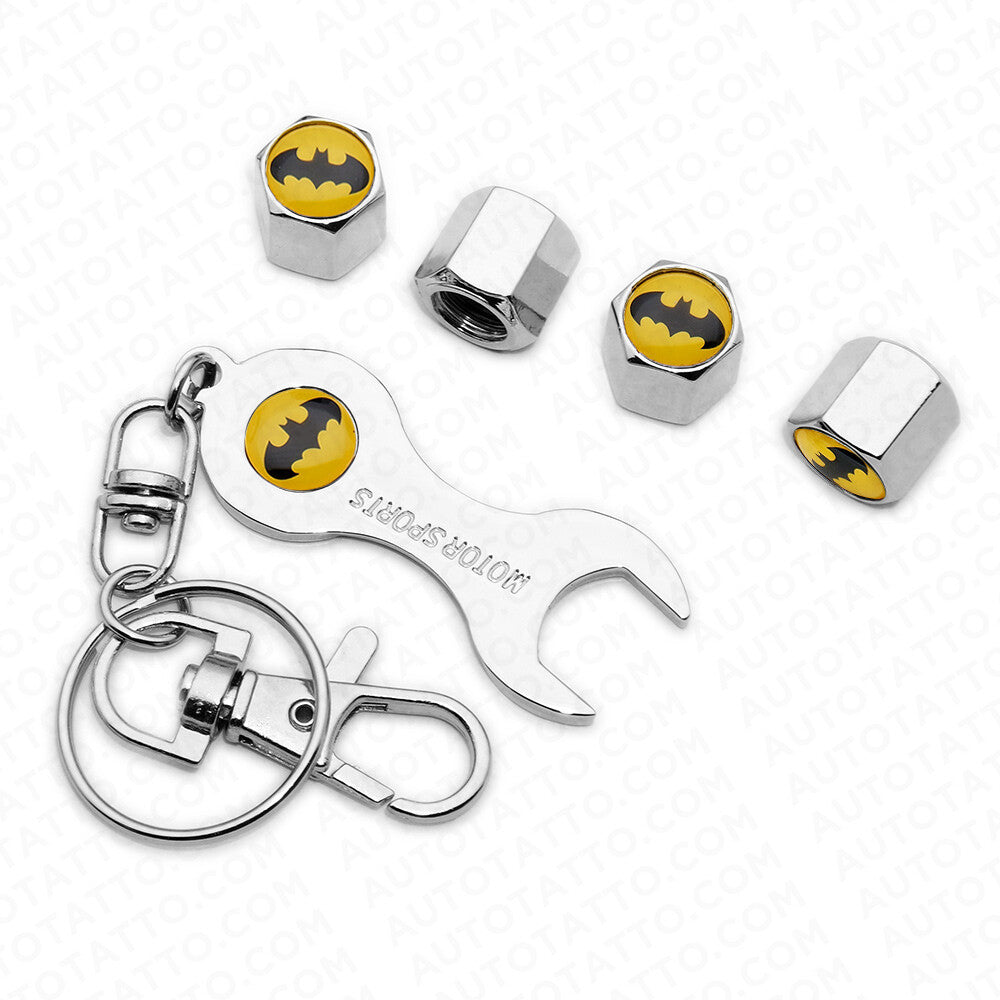 4pcs Hex Batman Tire Wheel Air Stem Dust Valve Caps Cover Wrench Keychain Keychain