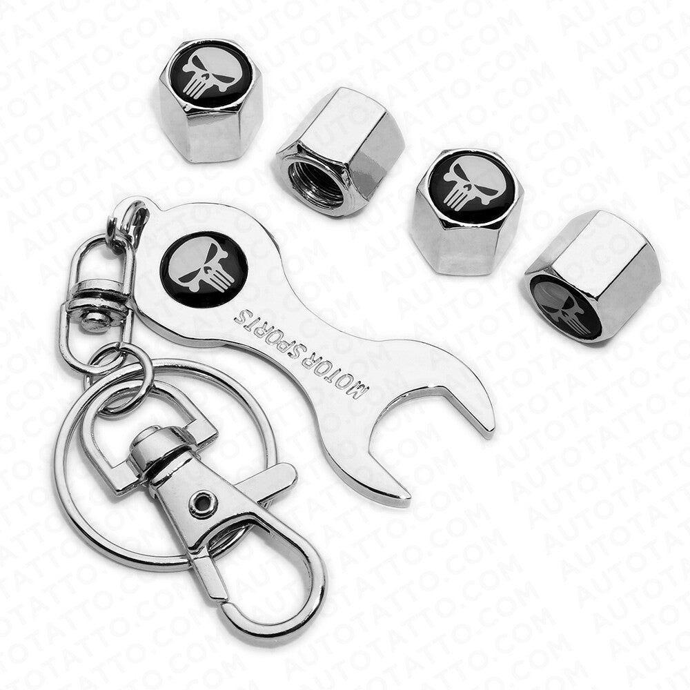 4x Hex Skull Punisher Tire Wheels Air Stem Dust Valve Cap Cover + Keychain Ring