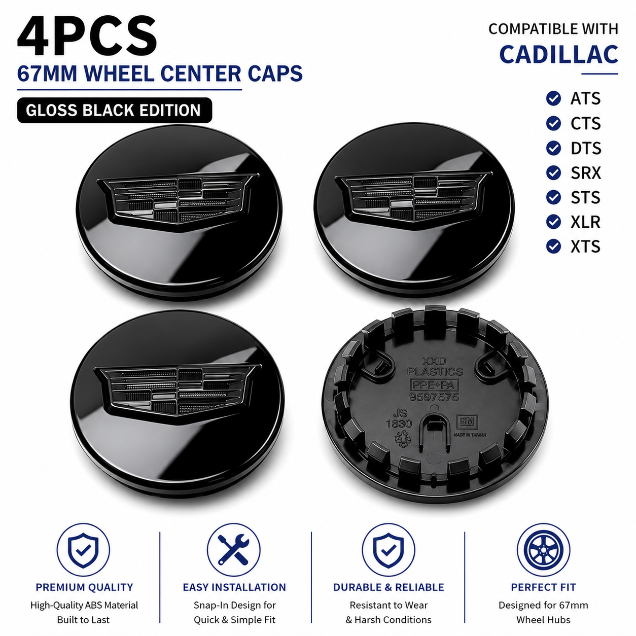 4x Cadillac ATS CTS DTS SRX STS XLR XTS) 67mm Wheel Center Caps Blackout