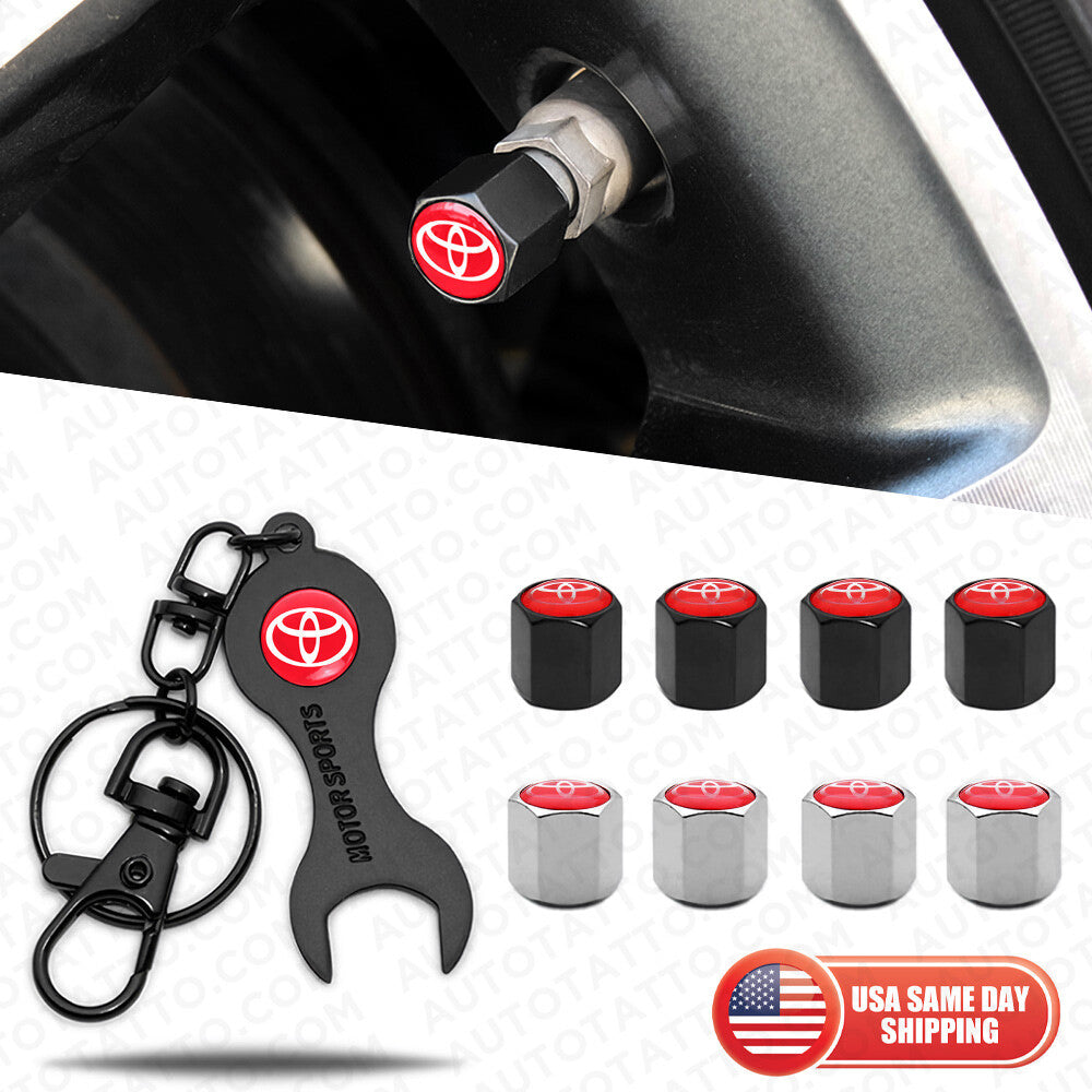 4x Red Toyota Hex Car Tire Wheel Air Stem Dust Valve Cap Cover + Wrench Keychain