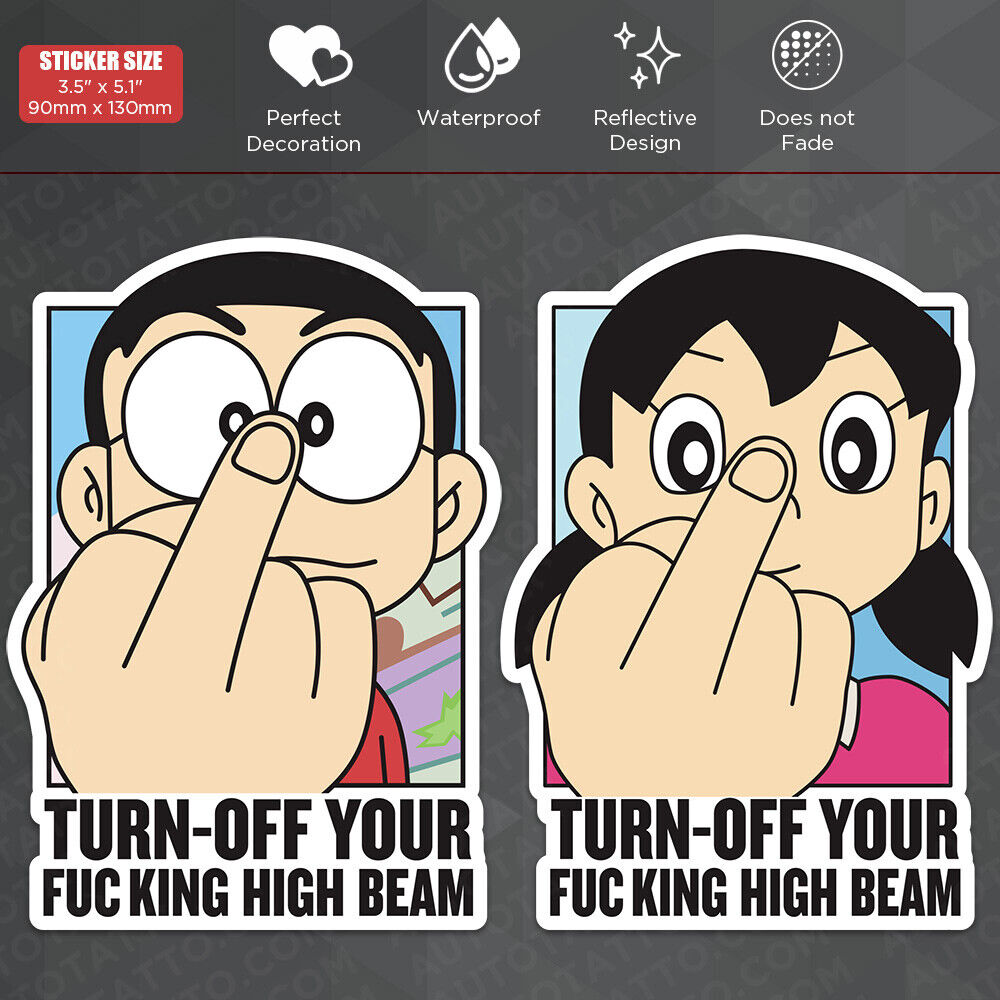 Set 2pcs Doraemon Turn Off High Beam Funny Cute Sticker Car SUV Decoration Decal