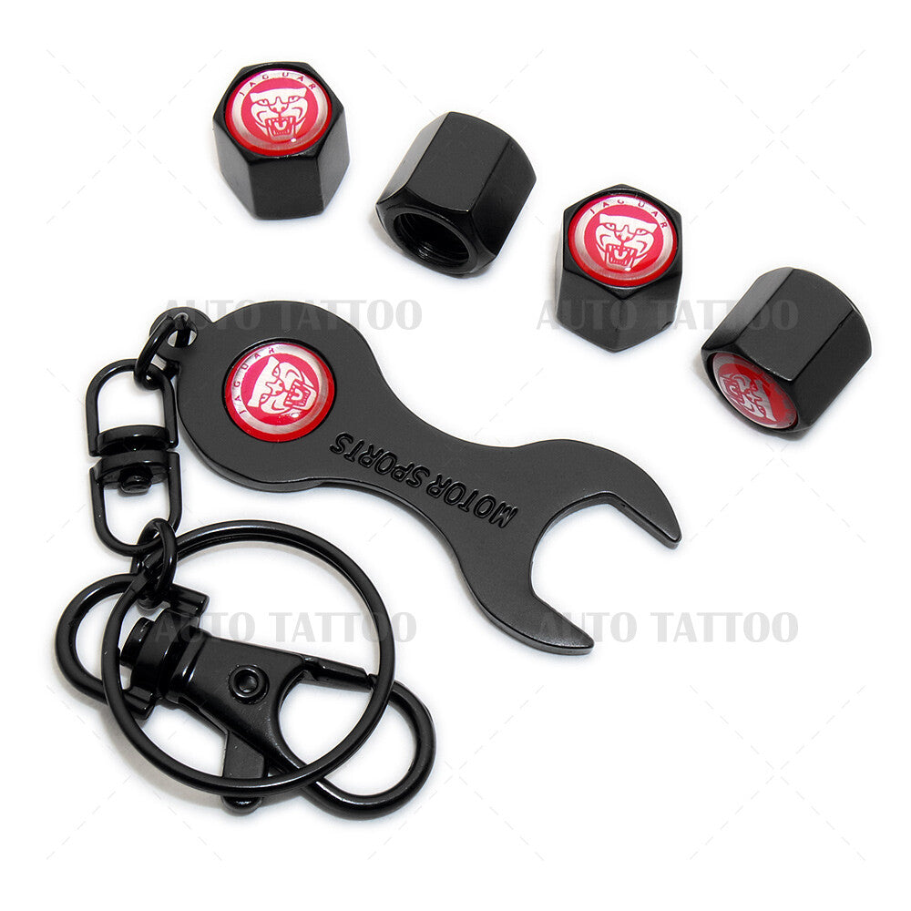 4x Hex Red Jaguar Car Tire Wheels Air Stem Dust Valve Cap Cover + Keychain Ring