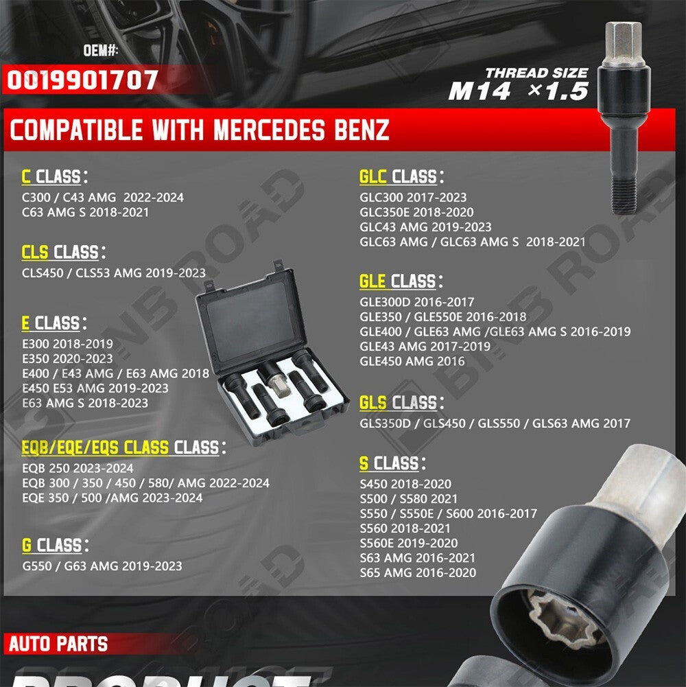 4pcs Mercedes-Benz AMG OEM M14 X 1.5 Anti-Theft Kit Lockable Wheel Bolt Lock Set