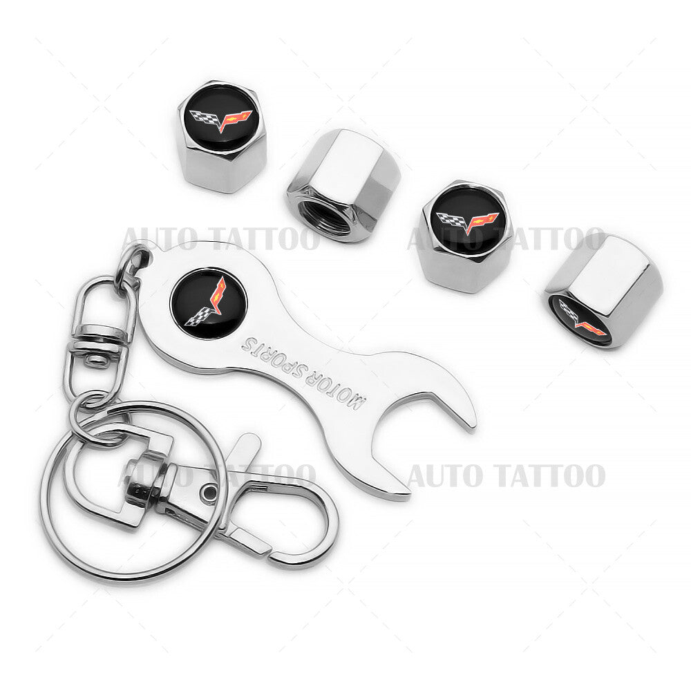 4x Hex Corvette C6 Car Tire Wheels Air Stem Dust Valve Cap Cover + Keychain Ring