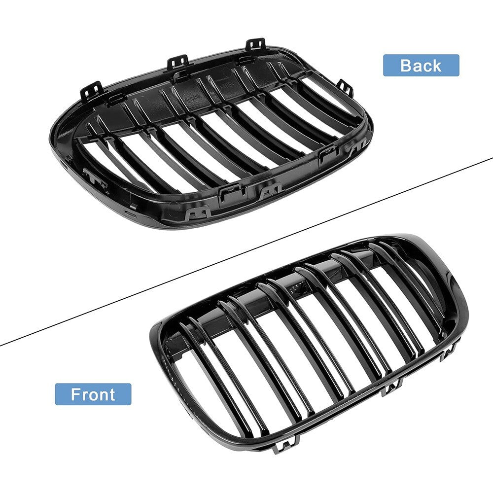 For BMW X1 F48 15-19 Front Bumper Gloss Black Racing Kidney Grille Double Slats