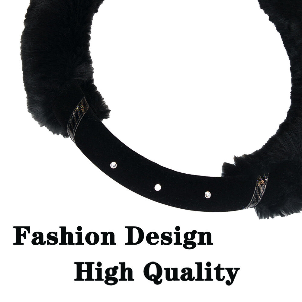 Universal Soft Warm 2 Sides Faux Rabbit Fur w/ Diamond Car Steering Wheel Cover