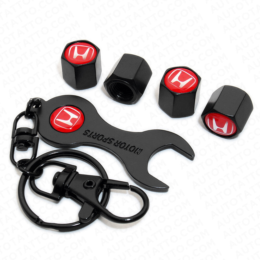 4x Hex Red H Sport Car Tire Wheel Air Stem Dust Valve Caps Cover + Keychain