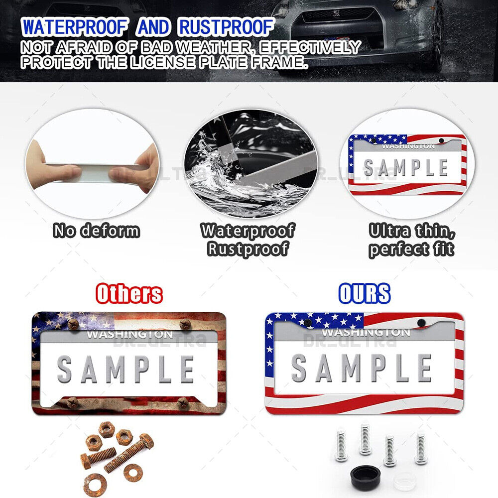 2x Universal Stainless Steel USA American Nations Flag Car License Plate Frame