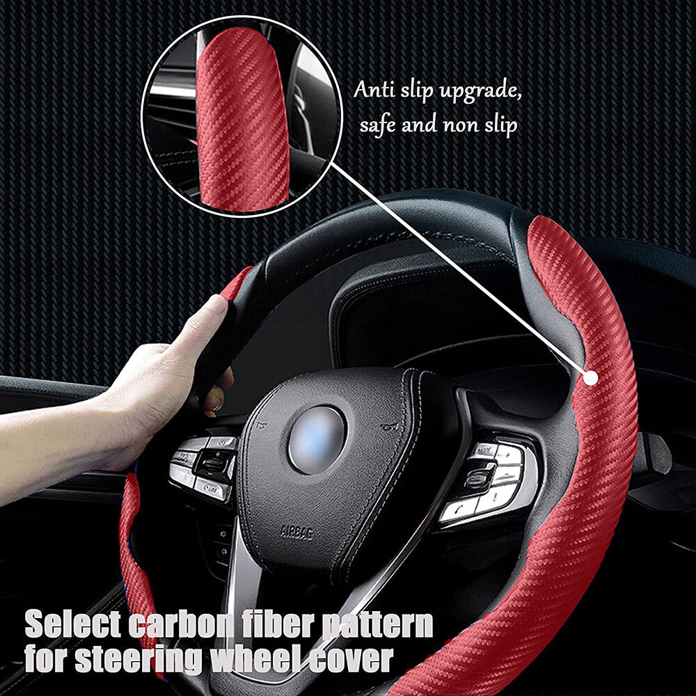 Universal Red Carbon Fiber Car Steering Wheel Cover Non Slip Protector Decorate