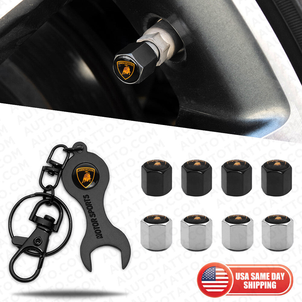 Hex Lamborghini Car Tire Wheel Air Stem Dust Valve Caps Cover + Wrench Keychain