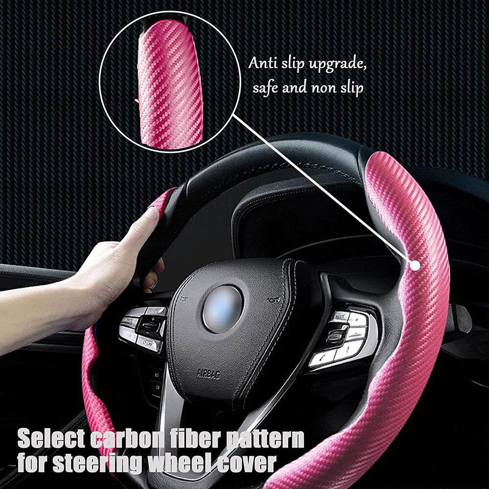 Universal Pink Carbon Fiber Car Steering Wheel Cover Non Slip Protector Decorate