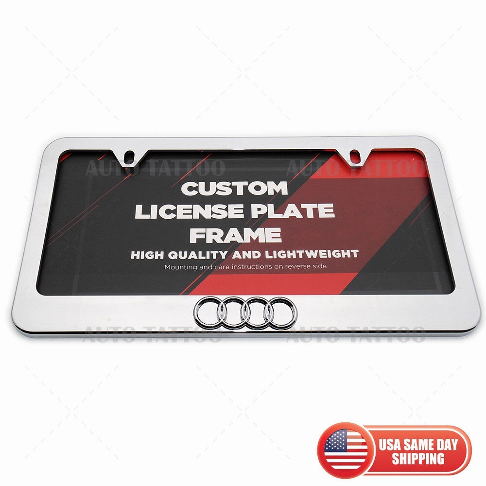 1x 3D Audi Ring Mirror Chrome License Plate Frame Cover Decorate + Screw Caps