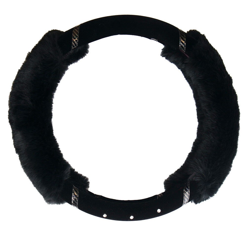 Universal Soft Warm 2 Sides Faux Rabbit Fur w/ Diamond Car Steering Wheel Cover