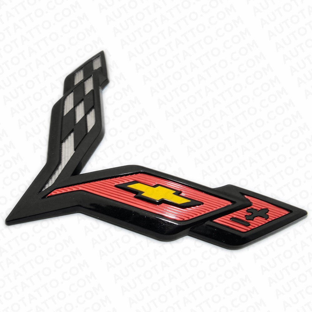 For Corvette C7 2014-2019 Gloss Black Front & Rear Set Cross Flags Emblem Sport