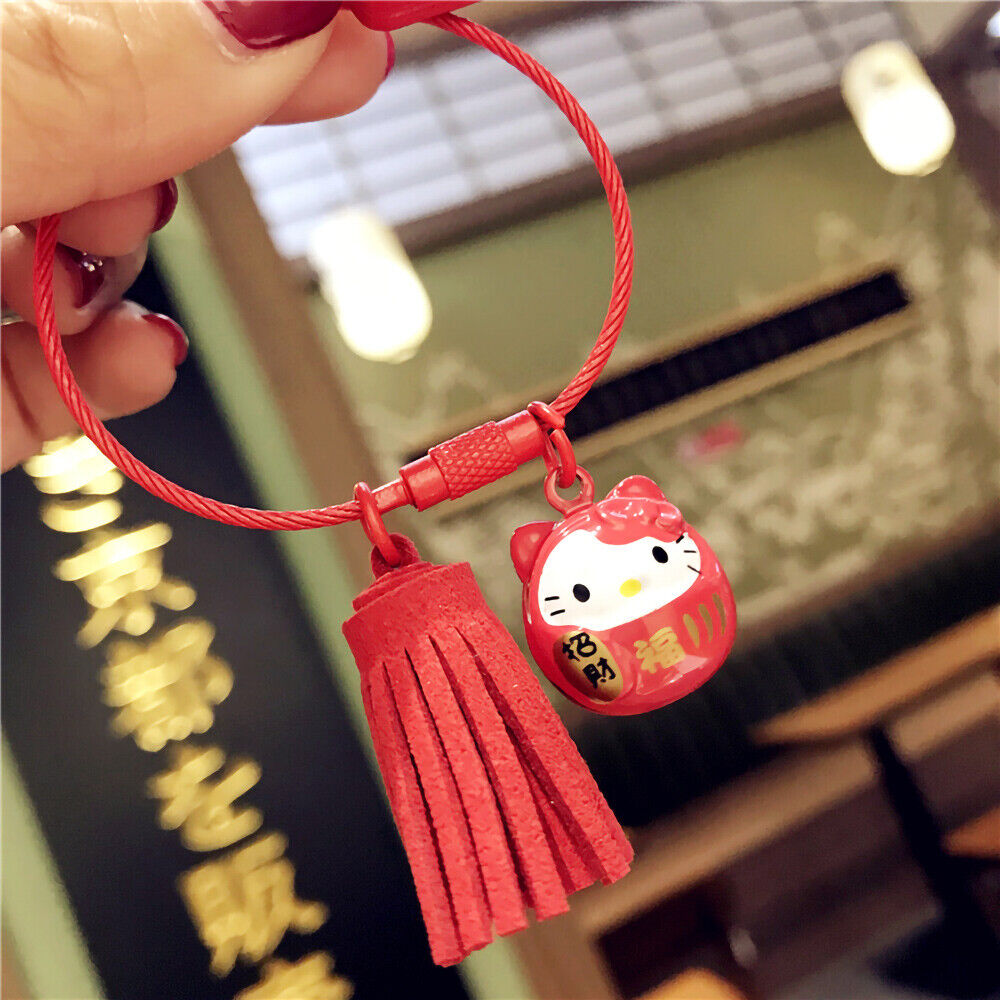 3D New Year Wooden Chinese Blessing Words Keychain Keyring with Lucky Cat Bell