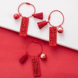 3D New Year Wooden Chinese Blessing Words Keychain Keyring with Lucky Cat Bell