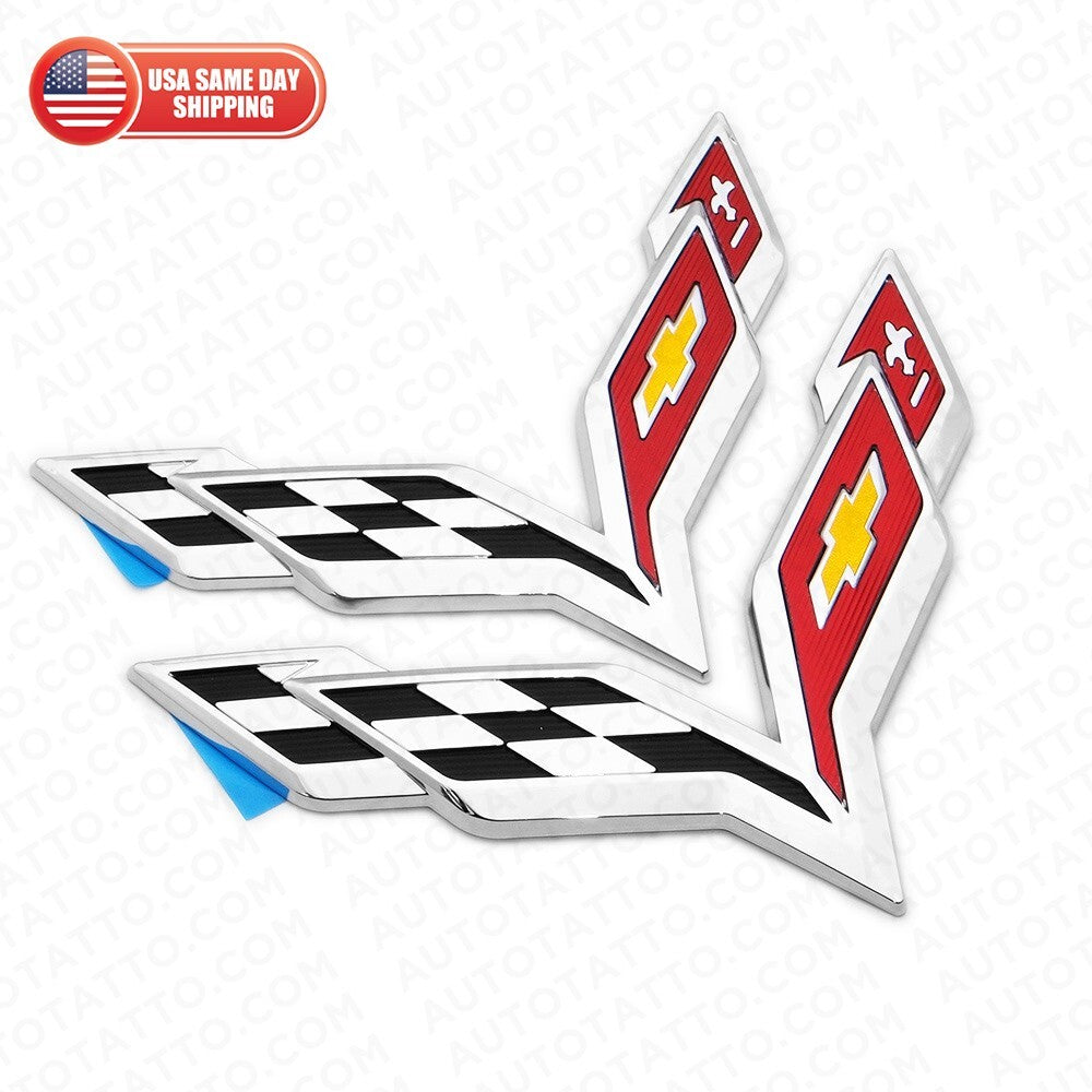 Chevy Corvette C7 2014-2019 Chrome Front & Rear Set Cross Flags Emblem Sport