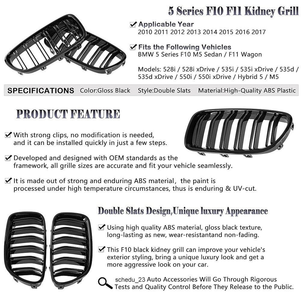 Front Kidney Grill for BMW 5 Series F10 F11 550i 535i 528i M5 Gloss Black Grille